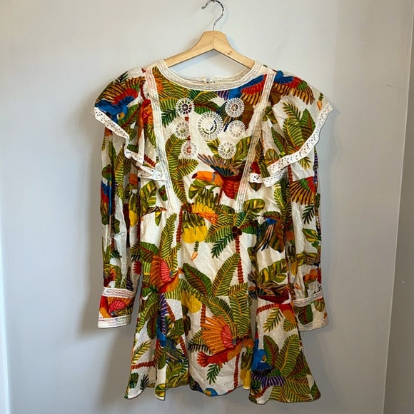 FARM RIO Ruffled printed Swiss-dot cotton mini dress SZ L - Picture 7 of 11